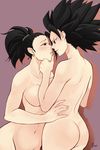  2girls ass back black_eyes black_hair breasts caulifla chin_grab dragon_ball_super earrings eye_contact eyelashes giulia_valeriani half-closed_eyes hand_on_back hand_on_chin incipient_kiss jewelry kale_(dragon_ball) lips looking_at_another medium_breasts midriff multiple_girls nude ponytail spiky_hair tied_hair yuri 