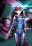  absurdres animal_print artist_name bangs bodysuit breasts brown_eyes brown_hair bunny_print covered_navel cowboy_shot d.va_(overwatch) dms facepaint facial_mark glint gloves gun hand_on_hip hand_up headphones high_collar highres long_hair looking_at_viewer mecha medium_breasts open_mouth overwatch pauldrons pilot_suit shiny shiny_clothes shoulder_pads smile solo swept_bangs turtleneck weapon whisker_markings white_gloves 