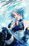  air_bubble aqua_(kingdom_hearts) artist_name blue_hair bubble closed_eyes detached_sleeves fingerless_gloves gloves jewelry kingdom_hearts kingdom_hearts_birth_by_sleep necklace nijuuni smile solo thighhighs underwater water 