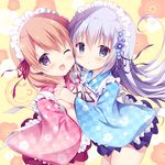  ;d blue_eyes blue_hair blue_kimono blush brown_hair checkered checkered_kimono cherry_blossoms commentary_request floral_print from_side futaba_miwa gochuumon_wa_usagi_desu_ka? holding_hands hoto_cocoa japanese_clothes kafuu_chino kimono kimono_skirt long_hair looking_at_viewer maid_headdress multiple_girls one_eye_closed open_mouth parted_lips pink_kimono purple_eyes smile wa_maid 