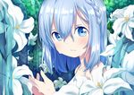  bangs blue_eyes blue_hair blush braid closed_mouth commentary_request day dress flower hair_between_eyes hands_up lily_(flower) looking_at_viewer original outdoors side_braid solo suzuki_moeko upper_body white_dress white_flower 