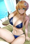  alcohol aqua_eyes arm_support arm_up artoria_pendragon_(all) artoria_pendragon_(lancer) bare_shoulders bikini blonde_hair blue_bikini blue_eyes blush breasts champagne champagne_flute cleavage closed_mouth cup day drinking_glass eyebrows_visible_through_hair fate/grand_order fate_(series) flower hair_between_eyes hair_bun hair_flower hair_ornament halterneck hibiscus huge_breasts looking_at_viewer muunyan_(yumenekoya) navel outdoors poolside sand shiny shiny_hair shiny_skin short_hair sidelocks sitting smile solo swimsuit thighs tied_hair water wine_glass 
