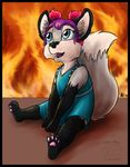  2017 anthro blue_eyes canine claws clothing cub dipstick_tail dress female fire fox gloves_(marking) hair inner_ear_fluff looking_up mammal markings multicolored_hair multicolored_tail open_mouth open_smile pawpads sitting smile socks_(marking) solo toe_claws young zannah 