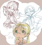  &gt;_&lt; belt blonde_hair blush closed_mouth collarbone eyebrows_visible_through_hair gloves green_eyes long_hair looking_away made_in_abyss open_mouth partially_colored riko_(made_in_abyss) smile solo thought_bubble tsukushi_akihito twintails whistle whistle_around_neck 