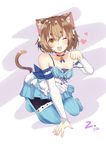  :3 :d absurdres animal_ears arm_ribbon arm_support bangs bare_shoulders black_legwear blue_bow blue_choker blue_legwear blush bob_cut bolo_tie bow bow_dress breasts brown_hair cat_ears cat_tail choker cleavage clenched_hand collarbone commentary_request cross-laced_clothes dated dot_nose dress dress_bow eyebrows_visible_through_hair eyes_visible_through_hair fang felix_argyle frilled_dress frills front-tie_top full_body hair_between_eyes hair_bow hair_ribbon hand_up heart heart_background highres jewelry kneeling lace lace-trimmed_dress lace-trimmed_sleeves looking_at_viewer male_focus no_shoes one_eye_closed open_mouth orange_eyes otoko_no_ko pantyhose parted_bangs paw_pose pendant puffy_chest raised_eyebrows re:zero_kara_hajimeru_isekai_seikatsu ribbon shiny shiny_skin short_dress short_eyebrows short_hair si_cheng signature simple_background slit_pupils smile solo spaghetti_strap strap_slip striped striped_bow striped_legwear striped_ribbon tail thick_eyebrows thighhighs thighhighs_over_pantyhose vertical-striped_dress vertical-striped_legwear vertical_stripes white_background white_bow 