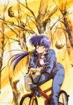  90s arm_support bicycle blue_hair crossed_arms ground_vehicle highres jacket leaf leaning_forward long_hair oldschool open_clothes open_jacket original outdoors red_eyes riding sleeves_past_elbows smile solo urushihara_satoshi wind 
