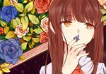  ascot blue_flower blue_rose brown_hair commentary eyebrows_visible_through_hair flower ib ib_(ib) long_hair momo_(472502759) petals pink_flower pink_rose plant red_eyes red_flower red_rose rose shirt solo tearing_up tears white_shirt 