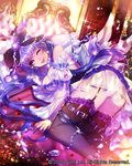  ass black_legwear blush breasts cleavage eu_(euspia) eyebrows_visible_through_hair garter_straps large_breasts lavender_hair long_hair looking_at_viewer maboroshi_juuhime one_eye_closed purple_eyes smile solo thighhighs tongue tongue_out wings 