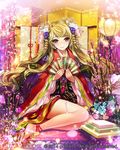  anklet barefoot blonde_hair blue_eyes blush closed_mouth company_name earrings eu_(euspia) eyebrows_visible_through_hair fan flower hair_flower hair_ornament holding holding_fan japanese_clothes jewelry kimono long_hair looking_at_viewer maboroshi_juuhime sitting smile solo 