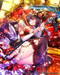  black_hair black_legwear blush breasts cleavage closed_mouth company_name eu_(euspia) eyebrows_visible_through_hair flower green_eyes hair_flower hair_ornament heart holding holding_staff large_breasts looking_at_viewer lying maboroshi_juuhime on_side solo staff thighhighs 