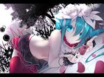  black_skirt bless_you_(module) blue_eyes blue_hair eyebrows_visible_through_hair flower hair_flower hair_ornament hatsune_miku long_hair looking_at_viewer lying midriff navel nisoku_hokou_(vocaloid) on_side project_diva_(series) red_legwear rose skirt solo thighhighs twintails vocaloid white_flower white_rose yoaferia 