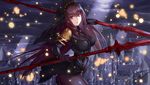  absurdres asato_(fadeless) ass bodysuit breasts city dual_wielding fate/grand_order fate_(series) gae_bolg highres holding holding_spear holding_weapon long_hair looking_at_viewer medium_breasts parted_lips pauldrons polearm purple_hair red_eyes scathach_(fate)_(all) scathach_(fate/grand_order) solo spear veil weapon 