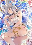  animal_ears ass bangs bikini blue_eyes blurry blush breasts collarbone commentary_request depth_of_field erune eyebrows_visible_through_hair granblue_fantasy hammock hand_up highres holding korwa large_breasts light_smile long_hair looking_at_viewer lying ocean on_side outdoors parted_lips silver_hair smile solo swimsuit thighs white_bikini xephonia 