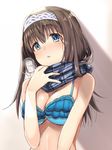  bare_shoulders bikini blue_eyes breasts brown_hair cleavage hairband haruichi idolmaster idolmaster_cinderella_girls large_breasts long_hair plaid plaid_scarf sagisawa_fumika scarf solo swimsuit 