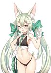  3.14 ;3 ;d animal_ear_fluff animal_ears art556_(girls_frontline) bangs bikini black_bikini blush braid brown_eyes collared_shirt commentary contrapposto crop_top diamond_(shape) eyebrows_visible_through_hair facial_mark flat_chest girls_frontline gloves green_hair hair_between_eyes hand_on_hip highres index_finger_raised long_hair looking_at_viewer low_twintails navel official_style one_eye_closed open_mouth saru_(style) shirt simple_background sleeveless sleeveless_shirt smile solo standing swimsuit thighs twintails very_long_hair white_background white_gloves white_shirt 