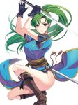  breasts dress earrings fingerless_gloves fire_emblem fire_emblem:_rekka_no_ken gloves green_eyes green_hair high_ponytail highres jewelry kokouno_oyazi large_breasts long_hair looking_at_viewer lyndis_(fire_emblem) ponytail smile solo sword very_long_hair weapon 