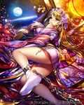  ass blonde_hair blue_eyes chain closed_mouth cuffs earrings eu_(euspia) eyebrows_visible_through_hair flower hair_flower hair_ornament japanese_clothes jewelry kimono looking_at_viewer maboroshi_juuhime moon shackles sky solo star_(sky) starry_sky white_legwear 