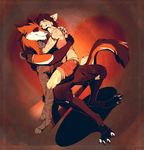  &lt;3 2014 4_toes 5_fingers anthro brown_hair cat clothed clothing digitigrade duo eyes_closed feline female fur hair kyander male mammal orange_fur sergal simple_background smile toes 