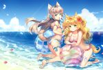 animal_ears anklet ass bangs barefoot beach bikini blonde_hair blue_bikini blue_eyes blue_innertube blue_sky blush breasts capura_lin closed_mouth cloud cloudy_sky commentary_request day eyebrows_visible_through_hair food fox_ears fox_tail frilled_bikini frills green_eyes half-closed_eyes halter_top halterneck holding holding_food innertube jewelry kneeling large_breasts lens_flare long_hair looking_at_viewer multiple_girls ocean open_mouth original outdoors petals pink_bikini popsicle sky small_breasts smile swimsuit tail teeth thighs two_side_up wavy_hair 