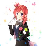  arm_behind_back ayamy black_bow black_neckwear black_ribbon black_suit blush boutonniere bow bowtie commentary confetti cowboy_shot crown flower_ornament formal frilled_shirt_collar frills gloves hair_over_shoulder hair_twirling long_sleeves looking_at_viewer love_live! love_live!_school_idol_project love_wing_bell mini_crown nishikino_maki purple_eyes red_hair ribbon short_hair signature simple_background smile solo suit white_background white_gloves 
