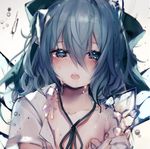  blue_bow blue_eyes blue_hair bow cirno daimaou_ruaeru hair_between_eyes hair_bow highres ice ice_wings looking_at_viewer medium_hair melting neck_ribbon off_shoulder open_mouth ribbon solo tears touhou upper_body white_background wings 