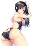  arms_up ass ass_cutout bangs black_hair bow breasts commentary_request competition_swimsuit covered_nipples cowboy_shot eyebrows_visible_through_hair from_behind glaring hair_bow hair_ribbon kamino_saori large_breasts long_hair looking_at_viewer looking_back one-piece_swimsuit open_mouth original parted_bangs pink_eyes ponytail purple_eyes ribbon sanshoku_amido side_ponytail sideboob sidelocks simple_background solo swimsuit thighs wet white_background white_bow 