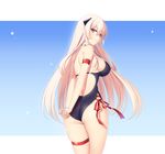  arm_strap arms_behind_back ass bangs blonde_hair blush breasts closed_mouth commentary_request competition_swimsuit eyebrows_visible_through_hair from_behind g3_(girls_frontline) girls_frontline hair_between_eyes headgear large_breasts light_smile long_hair looking_at_viewer looking_back one-piece_swimsuit philomelalilium purple_eyes red_ribbon ribbon sideboob smile solo swimsuit thigh_strap thighs very_long_hair 