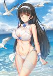  absurdres bikini bird black_eyes black_hair breasts cleavage cloud cowboy_shot day girls_frontline hairband highres horizon large_breasts long_hair looking_at_viewer ocean outdoors qbz-95_(girls_frontline) sarong seagull see-through solo swimsuit wading white_bikini white_hairband yellow_eyes youl 