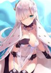  1girl anastasia_(fate/grand_order) arm_support artoria_pendragon_(all) artoria_pendragon_(lancer_alter) artoria_pendragon_(lancer_alter)_(cosplay) azuuru babydoll bangs bare_shoulders black_panties blue_cape blue_eyes blush bracelet breasts cape choker cleavage closed_mouth collarbone commentary commentary_request cosplay craft_essence eyebrows_visible_through_hair fate/grand_order fate_(series) fur-trimmed_cape fur_trim garter_belt gloves hair_over_one_eye hairband hand_up highres jewelry large_breasts lingerie long_hair looking_at_viewer necklace panties partial_commentary revealing_clothes royal_icing see-through sidelocks silver_hair sitting snowflake_print solo thighhighs underwear very_long_hair 