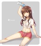  arm_support arm_up atobesakunolove border bottle breasts brown_eyes brown_hair casual collarbone commentary_request cowboy_shot crop_top d.va_(overwatch) dated drawstring eyebrows_visible_through_hair facepaint facial_mark grey_background gym_shorts highres hot long_hair midriff navel one_eye_closed open_mouth overwatch pouring red_shorts shirt short_sleeves shorts simple_background sitting small_breasts solo t-shirt translation_request water water_bottle wet wet_clothes wet_shirt wet_shorts wet_t-shirt whisker_markings white_border white_shirt 