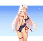  arm_strap arms_behind_back ass bangs blonde_hair blush breasts closed_mouth commentary_request competition_swimsuit eyebrows_visible_through_hair from_behind g3_(girls_frontline) girls_frontline hair_between_eyes headgear large_breasts light_smile long_hair looking_at_viewer looking_back one-piece_swimsuit philomelalilium purple_eyes red_ribbon ribbon sideboob smile solo swimsuit tan tanline thigh_strap thighs very_long_hair 