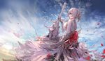  blue_eyes cloud cloudy_sky dress gloves highres holding holding_sword holding_weapon huge_weapon jname long_hair looking_away ponytail sinoalice sky snow_white_(sinoalice) solo sword weapon white_dress white_gloves white_hair 