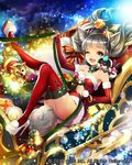  animal_ears bare_shoulders bell blue_eyes blush breasts christmas cleavage dog dog_ears dog_tail eu_(euspia) eyebrows_visible_through_hair gift high_heels large_breasts long_hair looking_at_viewer maboroshi_juuhime one_eye_closed open_mouth red_legwear silver_hair smile solo tail thighhighs 