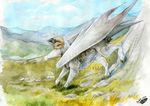  2017 caprine day detailed_background dragon fur furred_dragon goat grass hybrid mammal membranous_wings natoli outside solo traditional_media_(artwork) wings 