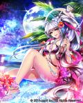  anklet bikini blush breasts cleavage eu_(euspia) eyebrows_visible_through_hair flower hair_flower hair_ornament high_ponytail jewelry large_breasts long_hair looking_at_viewer maboroshi_juuhime moon parted_lips silver_hair sitting smile solo swimsuit teeth yellow_eyes 