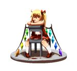  arm_rest bare_arms blonde_hair blood blood_stain bow brown_footwear chair drinking drinking_blood drinking_straw dripping flandre_scarlet full_body hair_bow head_rest kneehighs kunochai looking_at_viewer miniskirt pixel_art red_bow red_eyes red_skirt shoes side_ponytail sitting sitting_backwards skirt solo touhou transparent_background white_legwear wings 