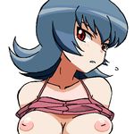  1girl blush breasts face gomatarou_(pixiv196136) gym_leader looking_at_viewer natsume_(pokemon) nipples no_bra pokemon pokemon_(game) pokemon_hgss shirt_lift simple_background solo tank_top upper_body white_background 