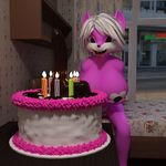  3d_(artwork) angry_cat bed bedroom big_breasts birthday birthday_cake black_nipples blue_eyes breast_grab breasts cake candle candy canine chocolate digital_media_(artwork) dildo female food food_play hair hand_on_breast mammal nipples sex_toy solo tongue tongue_out white_hair wolf yuni_hermit 