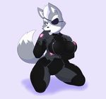 2014 acstlu anthro big_breasts black_nose breasts canine clothed clothing crossgender crossover digital_media_(artwork) dipstick_tail eye_patch eyewear female fur hi_res kneeling looking_at_viewer mammal metroid multicolored_fur multicolored_tail nintendo purple_eyes simple_background solo star_fox tight_clothing two_tone_fur two_tone_tail video_games wolf wolf_o&#039;donnell zero_suit 