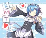  acronym blue_eyes blue_hair blush breasts cleavage closed_mouth eyebrows_visible_through_hair hair_ornament heart large_breasts looking_at_viewer maid one_eye_closed re:zero_kara_hajimeru_isekai_seikatsu rem_(re:zero) smile solo sora_(dkssud6580) speech_bubble spoken_heart x_hair_ornament 