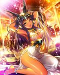  animal_ears anklet arms_up bare_shoulders blush breasts cleavage company_name dark_skin eu_(euspia) eyebrows_visible_through_hair jewelry large_breasts long_hair looking_at_viewer maboroshi_juuhime open_mouth purple_hair seiza sideboob sitting solo tail yellow_eyes 