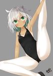  blush breasts cleavage closed_mouth collarbone commentary dated eyebrows_visible_through_hair green_eyes gymnast_leotard kavka leotard looking_at_viewer original pantyhose short_hair signature silver_hair small_breasts smile solo tan tanline 
