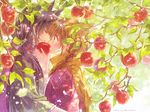  animal_ears apple apple_tree artist_name black_hair blush braid brown_eyes brown_hair closed_eyes covered_mouth dappled_sunlight day extra_ears face-to-face floral_print food fox_ears fringe_trim from_side fruit gouhou_yuri_fuufu_hon holding holding_food holding_fruit itou_hachi japanese_clothes kimono long_hair looking_at_another low_ponytail multiple_girls official_art petals red_scarf scarf shawl sunlight tree upper_body yuri 