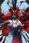  amamiya_ren arsene_(persona_5) black_hair chain fire glasses gloves hat highres looking_at_viewer male_focus mask persona persona_5 school_uniform short_hair shuujin_academy_uniform smile top_hat weapon wings yooani 