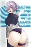  1girl ass breasts fate/grand_order fate_(series) from_behind glasses hair_over_one_eye huri_shinji leotard open_mouth purple_eyes purple_hair shielder_(fate/grand_order) shiny shiny_hair shiny_skin short_hair sideboob solo surprised thigh_strap 