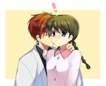  ! 1boy 1girl blue_eyes blush braid breasts brown_hair eyes_closed haori jacket kiss kyoukai_no_rinne long_hair mamiya_sakura red_hair rokudou_rinne short_hair 