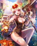 blonde_hair blush breasts china_dress chinese_clothes cleavage company_name dress earrings eu_(euspia) eyebrows_visible_through_hair flower hair_flower hair_ornament holding holding_sheath jewelry large_breasts long_hair looking_at_viewer maboroshi_juuhime parted_lips red_eyes sheath sheathed sitting sleeveless smile solo sword thighhighs weapon white_legwear 