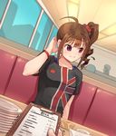  ahoge bangs bill_(object) black_shirt breasts brown_hair ceiling clipboard collarbone commentary_request day drill_hair dutch_angle flag_print hair_ornament hair_scrunchie hand_behind_head idolmaster idolmaster_million_live! indoors kamille_(vcx68) lights long_hair looking_to_the_side out_of_frame paper parted_lips plate pov pov_across_table pov_hands print_skirt purple_eyes scrunchie shirt short_sleeves side_ponytail sidelocks sitting skirt small_breasts t-shirt table teeth trembling union_jack wall window wristband yokoyama_nao 
