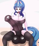 2017 animal_genitalia animal_penis anthro balls big_balls blue_hair blush breasts cbatie11 cleavage clothed clothing condom dickgirl equine equine_penis erection hair hi_res horn huge_balls hyper hyper_penis intersex legwear long_hair looking_at_viewer mammal my_little_pony penis precum solo spread_legs spreading sweat thigh_highs unicorn 