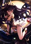  anklet argyle armlet backlighting bandeau bangs bare_shoulders black_hair black_legwear black_ribbon breasts cleavage collarbone commentary_request crown earrings eyebrows_visible_through_hair fate/grand_order fate_(series) fingernails floating_hair full_body gem glint grin hair_ribbon heavenly_boat_maanna highres hoop_earrings ishtar_(fate/grand_order) jam8686 jewelry light_trail long_hair long_legs looking_at_viewer medium_breasts navel pelvic_curtain planet red_eyes ribbon shiny shiny_skin single_sleeve single_thighhigh smile solo space sparkle star_(sky) sun thighhighs two_side_up weapon 